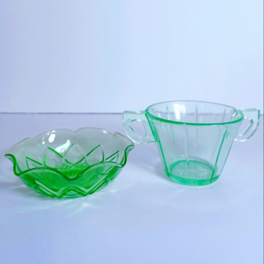 Vintage Uranium Glass Hazel Atlas Desert Bowl & Sugar Bowl